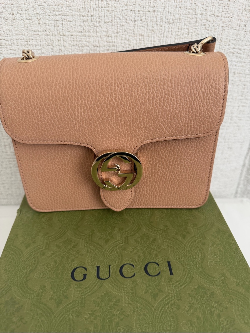 Gucci Pebbled Leather Crossbody Bag in Light Pink-Tan with Gold Hardware
